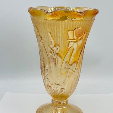 Vintage Jeanette Glass Iris &amp; Herringbone Marigold Depression Glass 9&amp;quot; Vase - Carnival Glass Peach 