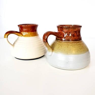 Vintage Wide Bottom No Spill Coffee Mug Brown White Glaze Stoneware Travel  Cup