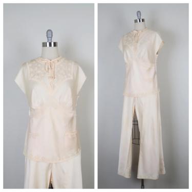 Vintage 1930s embroidered silk pyjamas, pajamas, lingerie, lounge wear, plus size, XL 