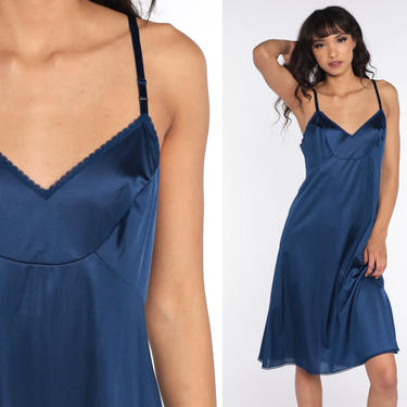 80s Vanity Fair Slip Dress -- Midi Dark Blue Lingerie Lace Nylon Full Slip Nightgown Spaghetti Strap 1980s Medium 