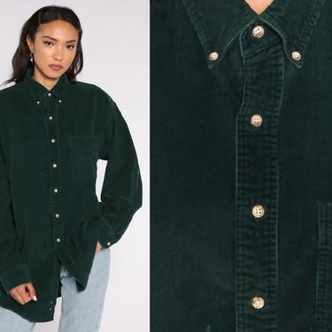 Green Corduroy Shirt 90s Shirt Long Sleeve LL BEAN Shirt Boyfriend Button Up Vintage Retro 1990s Normcore Dark Green Medium Tall 