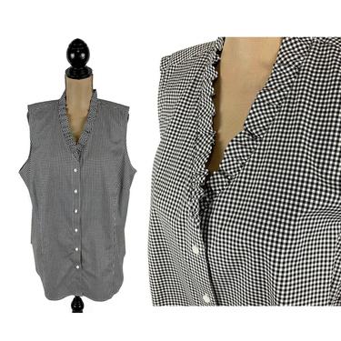 Black & White Gingham Top 2X 3X, Ruffle V Neck Button Up, Sleeveless Cotton Blouse, Plus Size Summer Clothes Women Vintage Y2K 2000s Talbots 