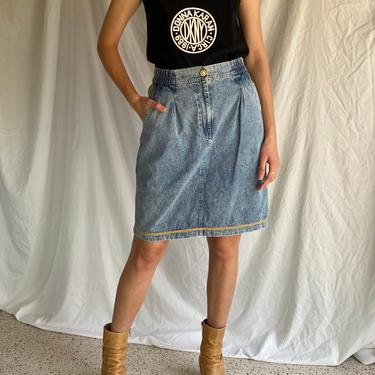 80s Acid Wash Denim Skirt /High Waisted Gold Lining Full Skirt / 1980's Denim Midil Skirt / Skirt with Belt Loops 