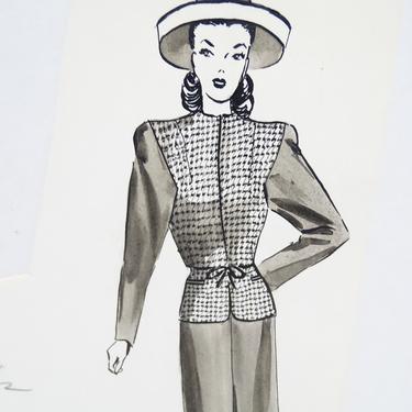 Antique 1940's Original Art, Sylvia Baird Vintage Fashion Advertisement Illustration Design Painting, Vintage Retro Woman in Dress 