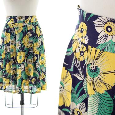 Vintage 1930s Skirt | 30s Floral Printed Rayon Cotton High Waisted Blue Green Yellow Skirt (small) 