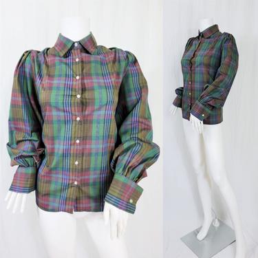 Volup 1980's Crazy Horse Green Plaid Cotton Button Down Blouse I Shirt I Top I Sz Lrg I French Cuffs 