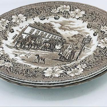 Vintage- (3) Royal Tudor Ware Coaching Taverns Brown (1828) Dinner Plate Brown Transferware 