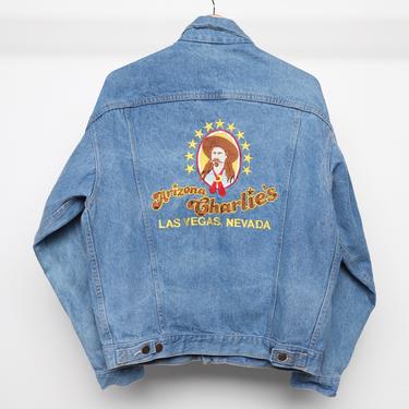 vintage DENIM "Arizona Charlie's" LAS VEGAS 1990s blue jean denim jean jacket coat -- men's size Medium 