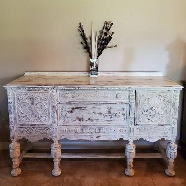 Antique Country English Jacobean Sideboard Server Buffet Distressed Painted Shabby Chic White Milk Paint, Early 20th Century 