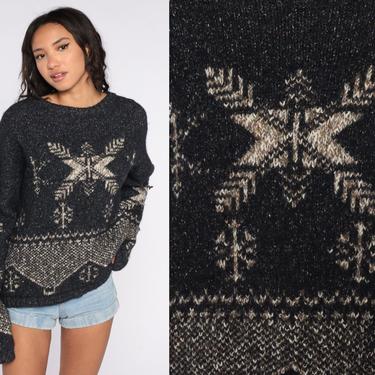 Snowflake Sweater Charcoal Wool Blend Sweater Fair Isle Sweater 90s Nordic Ski Bohemian Knit Sweater 1990s Pullover Extra Large xl 