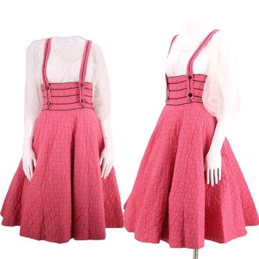50s quilted suspender circle skirt 24&amp;quot; / vintage 1950s pink pin up party cotton full skirt S 