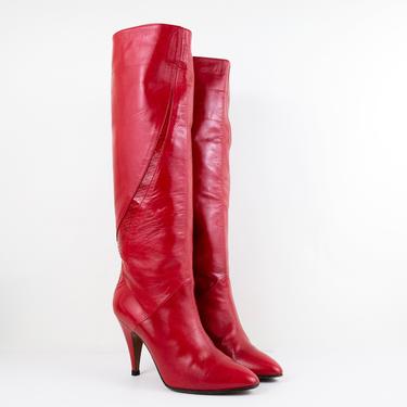 Vintage Knee High Tall Red Leather Pointed Toe Heeled Boots zie 7 US Women's 