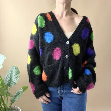 Vintage 80's Black Mohair Dots Cardigan Sweater, Size M 