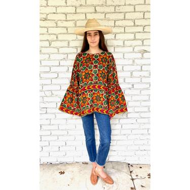 Indian Hand Blocked Tunic // vintage 70s mini dress blouse boho hippie hippy 1970s cotton India sun // O/S 