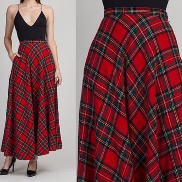 60s 70s Plaid High Waist Hostess Skirt - Extra Small | Vintage Peck & Peck Red Wool Long A Line Maxi Skirt 