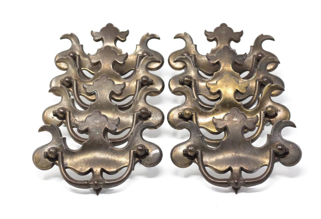 Set of 8 Antique Chippendale Style Brass Drawer Pulls, Vintage