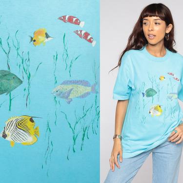 Tropical Fish TShirt Single Stitch Shirt 80s Graphic T Shirt Neon Vintage Under The Sea Beach Retro 1980s T Shirt Blue Medium Large 