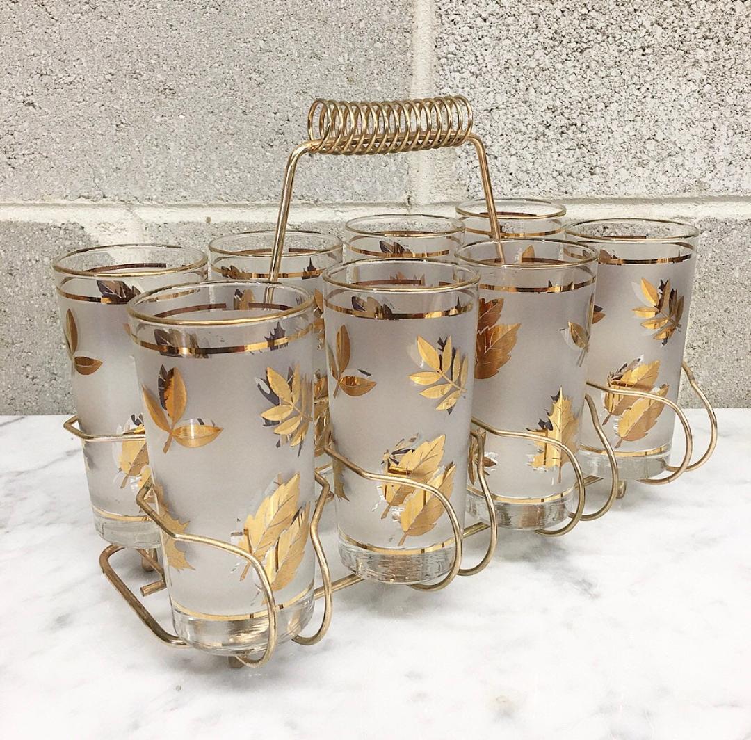 Glass set, Glasses, factory Bar Glasses, Bar ,Caddy, Mid Century, High Ball, Cocktail, Modern, Gold, Brass, Vintage, Caddy, Rack