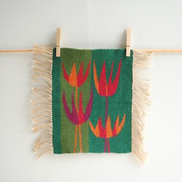 Vintage Small Mid Century Modern Weaving in Green, Pink, and Orange, Tulip Flower Modern Wool Woven Mat 
