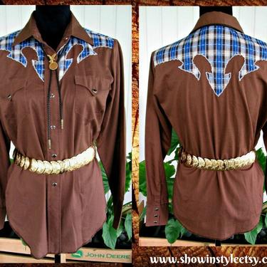 H Bar C, California Ranchwear Vintage Western Women's Cowgirl Shirt, Plaid Yokes in Arrow Design, 34, Approx. Size Medium (see meas. photo) 