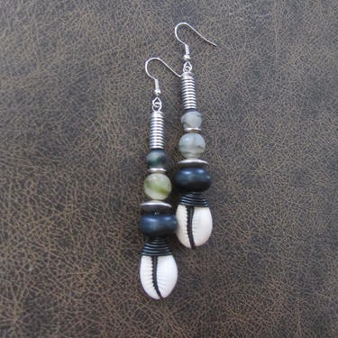 Cowrie shell earrings, unique earrings, black Afrocentric African tribal dangle earrings, camouflage  earrings, wire wrapped earrings 2 