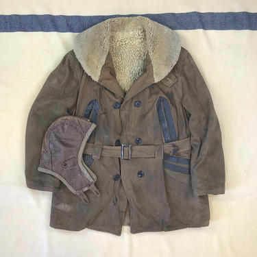 Vintage 1920s 1930s Barnstormer Shearling Mackinaw Jacket w/ Original Leather Flight Helmet 