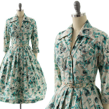 Vintage 1950s Shirt Dress | 50s Floral Printed Cotton Rhinestones Pockets Button Up Fit & Flare Shirtwaist Day Dress (small) 