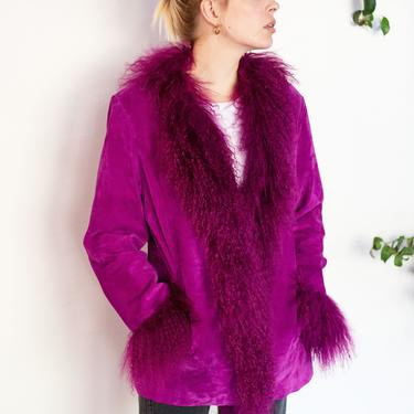 1990s Purple Suede + Mongolian Lamb Shearling Penny Lane Style Jacket sz S M Princess Coat Y2K Magenta 