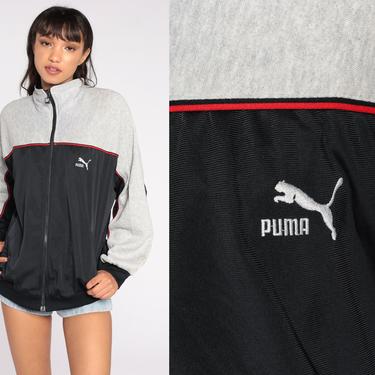 80s PUMA Track Jacket Zip Up Sweatshirt Retro Sports Grey Black Color Block Striped 1980s Streetwear Athletic Vintage Men's Extra Large xl 