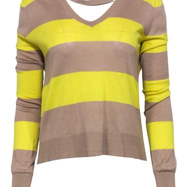 BCBG Max Azria - Neon Yellow &amp; Tan Striped Sweater w/ Back Cutout Sz S