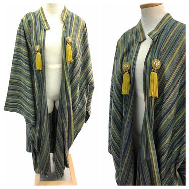 Vintage VTG 1960s 1970s Green Blue Stripe Striped Luxe Tassel Cape Coat Jacket 