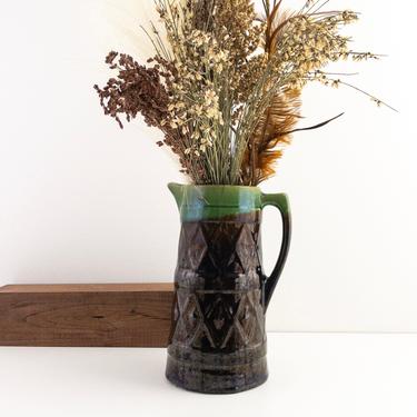Vintage Stoneware Pitcher Vase, Tall and Slender Pottery Vase with Handle, Rustic Kitchen Decor 