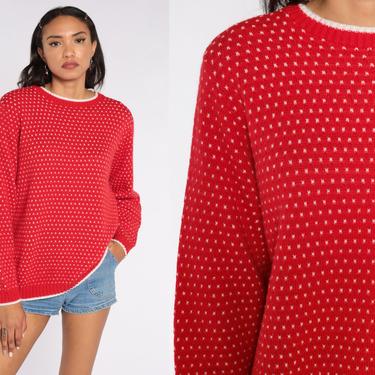 Red Sweater 80s Pullover Sweater Polka Dot Jumper Knit Retro Print Kawaii Sweater Boho Slouchy 1980s Vintage Extra Large xl 