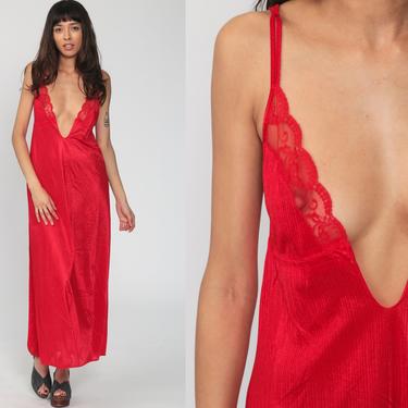 Sheer Nightgown Lingerie LACE Red Slip Dress PLUNGING 80s Maxi Nylon Boho Vintage Deep V Neck Empire Waist Spaghetti Strap Medium 