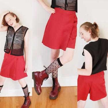 Vintage LL Bean Red Skorts / Red Cotton Long Shorts with Skirt Panel Front, High Waisted / Chanaugh/ Small 