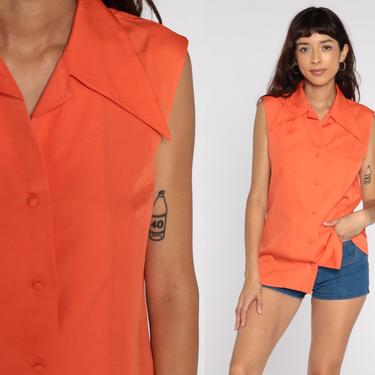 Orange Tank Top 70s Blouse Dagger Collar Retro Button Up Boho Shirt Sleeveless Vintage Bohemian 1970s Plain Medium Large 