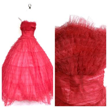 Vintage VTG 1950s 50s Hot Pink Tiered Cupcake Strapless Gown 
