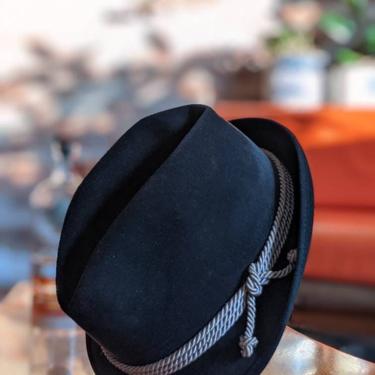 Vintage Marca Colombo Antica Casa Borsalino Alessandria Black Fur Felt Hat with Rope Detail 