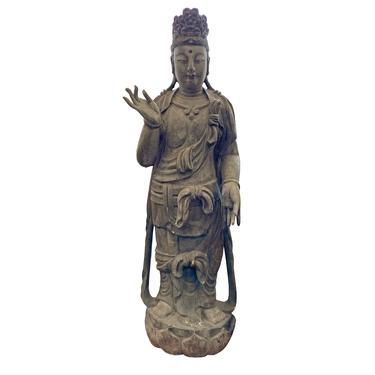 Chinese Rustic Distressed Finish Wood Standing Kwan Yin Statue ws1555E 