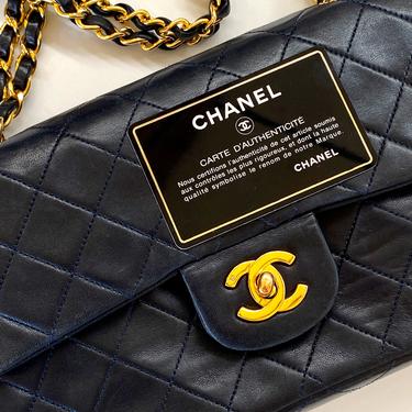 Vintage Chanel CC Turnlock Navy Matelasse Quilted Leather & Gold Chain Classic Double Flap Shoulder Bag with Card! 
