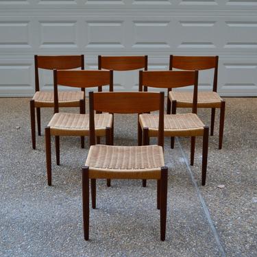 Mid Century Danish teak woven cord dining chairs - Set of six 