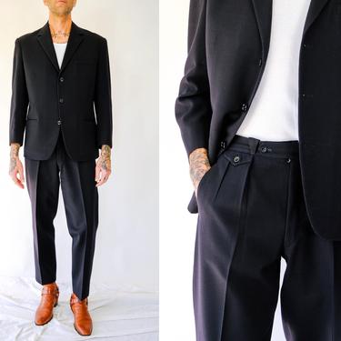Vintage 50s Custom Made Black Wool Gabardine Suit | Button Fly, Silk Lined, Gentleman Style | 100% Wool | 1950s Tailored Mens Gabardine Suit 