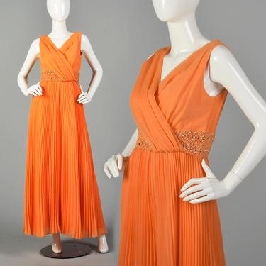 XS Orange Jumpsuit 1970s Sleeveless Palazzo Pants Sheer Chiffon Pleated Wide Leg Bottom Wrap Top 