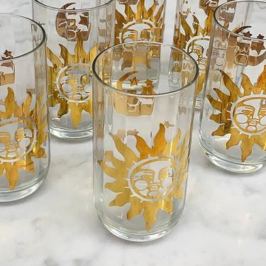 Vintage Drinking Glass Set Retro 1980s Bohemian + Sun + Moon + Stars + Gold Print + Clear Glass + Set of 6 + Kitchen + Barware + Celestial 