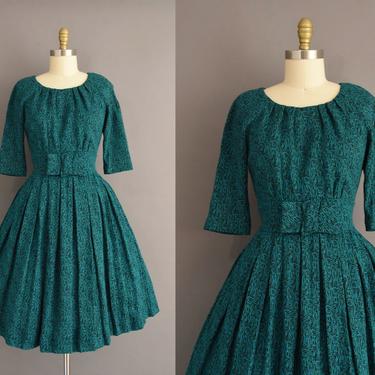 vintage 1950s dress | Gorgeous Deep Green Cozy Fall Winter Full Skirt Dress | Large | 50s vintage dress 