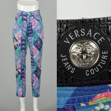 Small 1990s Versace Pants Couture Purple Elephant Print Designer Skinny Jeans 