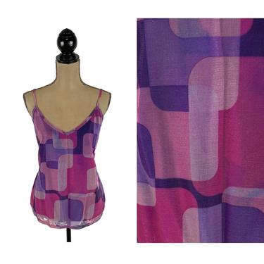 90s Spaghetti Strap Top XL, Iridescent Purple Geometric Print, Mod Disco Club, 1990s Clothes Women, Vintage Plus Size Clothing from Venezia 