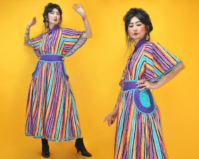 Vintage 1980s Jeanne Marc Rainbow Wing sleeve Blouse Maxi Skirt