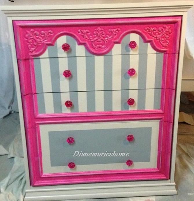 Sold Hot Pink Gray Stripped Girls Dresser Bedroom Chest Pink