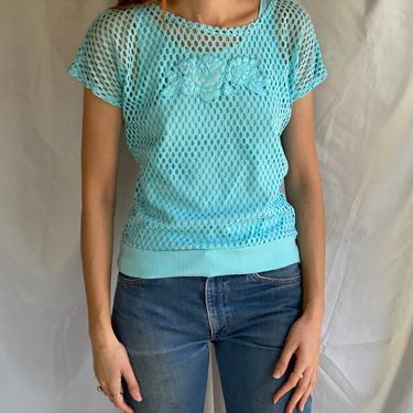 80's Mesh Shirt / Netted Sheer shirt / Mesh Summer Top / See Through Floral Shirt / Beach Cover Up / Aqua Blue Layer Shirt 